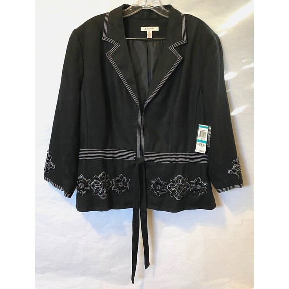 NWT JM Collection Womens Iris Garden Embellished Linen Blazer Jacket Black Sz 16 - Picture 2 of 14